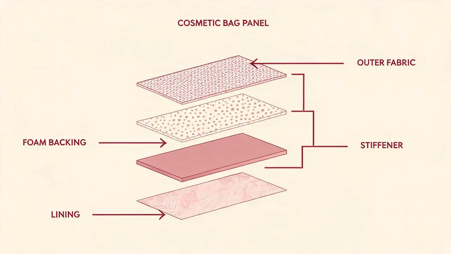 Cross-section of boxy cosmetic bag panel layers: fabric, foam, stiffener, lining