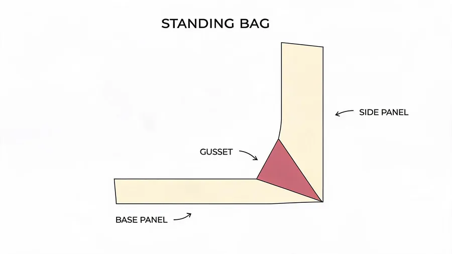 Diagram of base and gusset construction in a boxy cosmetic bag