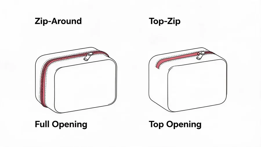 Comparison of zip-around and top-zip openings on a boxy cosmetic bag