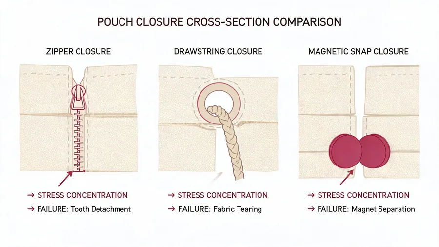 Diagram comparing closure types on bulk cosmetic bags and failure points