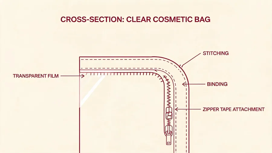 Diagram showing clear cosmetic bag construction with binding and stitching