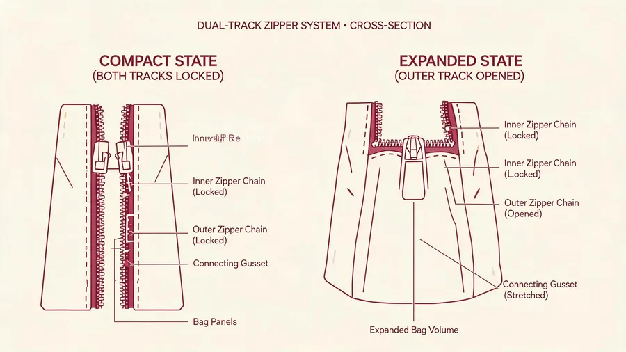 Diagram of dual-track zipper expansion mechanism