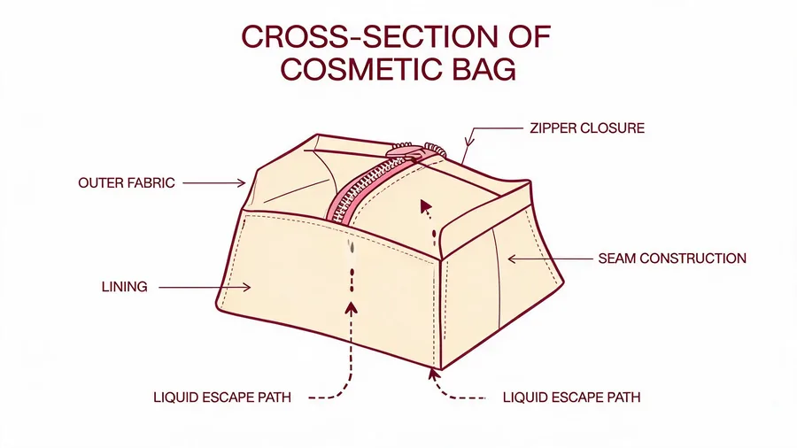 Diagram showing cosmetic bag lining and seam leak points