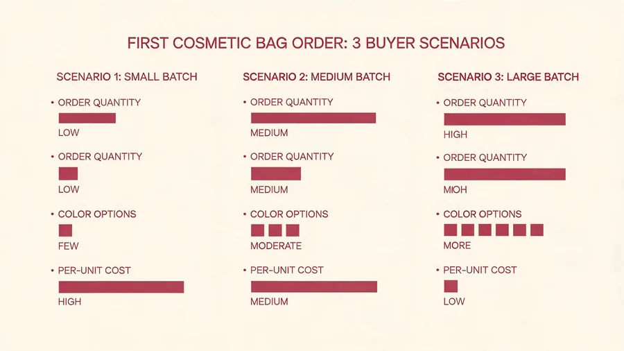 Diagram comparing three buyer scenarios for structuring a first wholesale cosmetic bag order