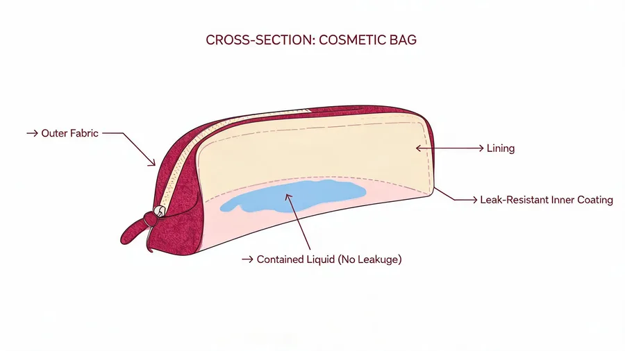 Cross-section diagram showing cosmetic bag lining layers and leak containment