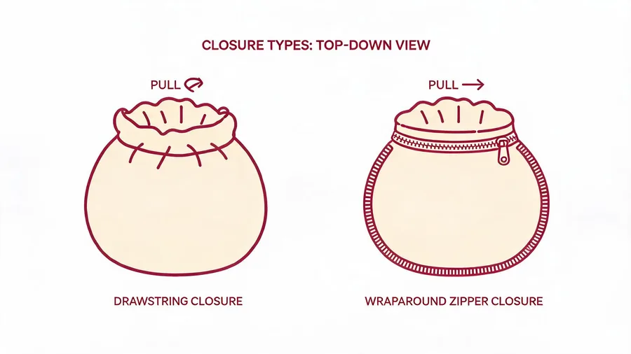 Diagram comparing drawstring and wraparound zipper closure systems