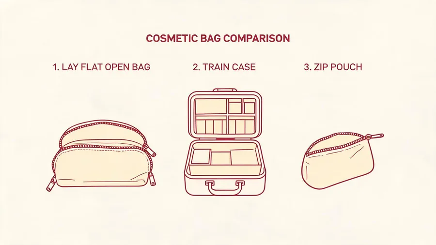 Comparison of open lay flat cosmetic bag, train case, and zip pouch