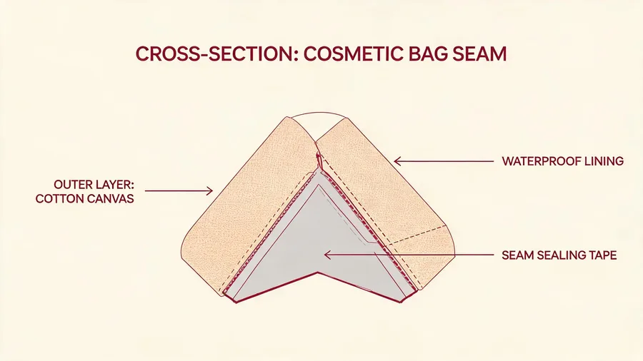 Cross-section diagram of waterproof seam construction for cotton canvas cosmetic bag