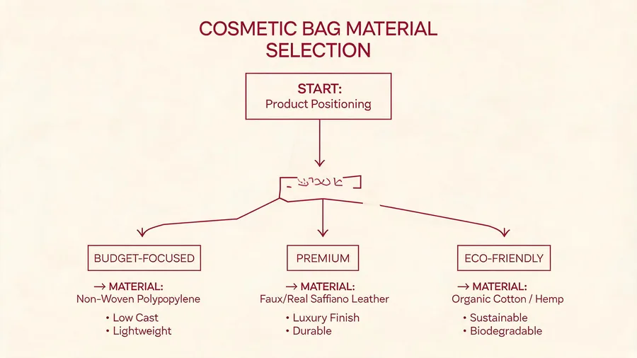 Decision framework diagram for selecting cosmetic bag materials by product positioning