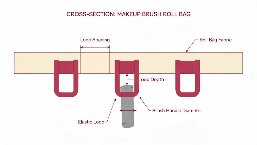 Diagram showing elastic loop spacing and depth in a makeup brush bag roll