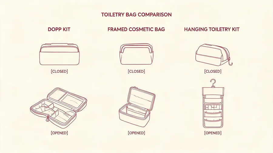 Diagram comparing dopp kit, framed bag, and hanging kit structures