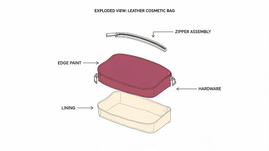 Exploded diagram of a leather mens cosmetic bag showing construction layers