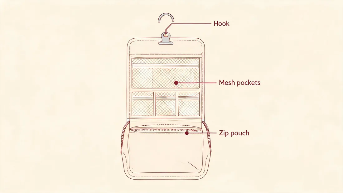 Hanging toiletry bag with a hook, mesh pockets and a zip pouch for bulk orders