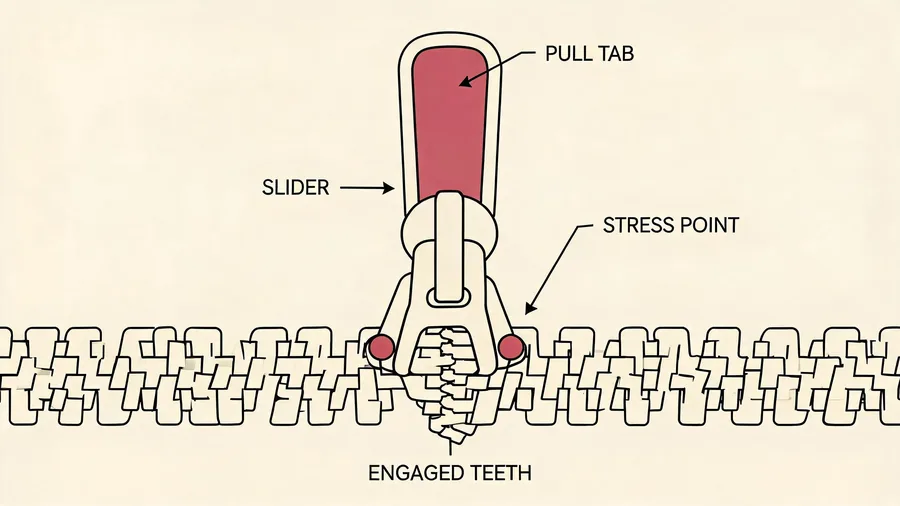 Diagram of zipper and hook hardware stress points on a toiletry bag bulk order